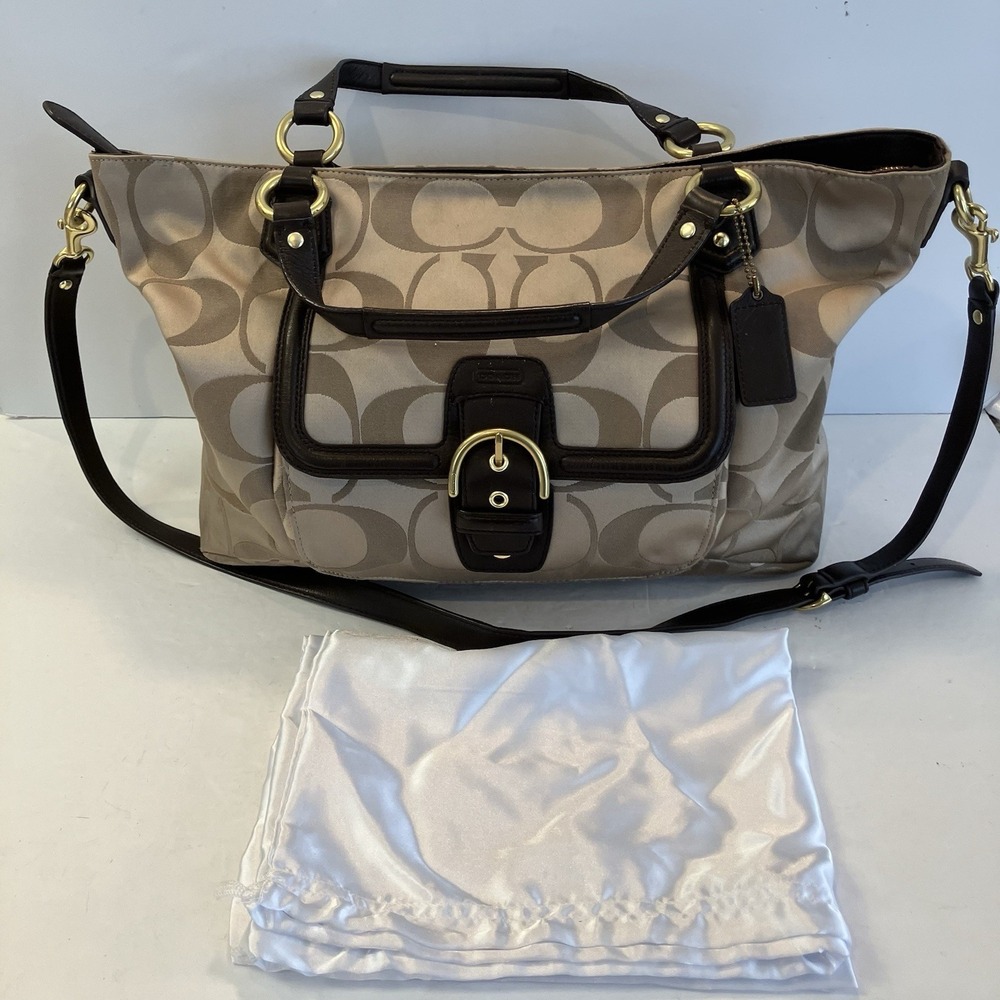 Coach Campbell Signature Logo Jacquard Satin Khaki/Mahogany Shoulder Purse